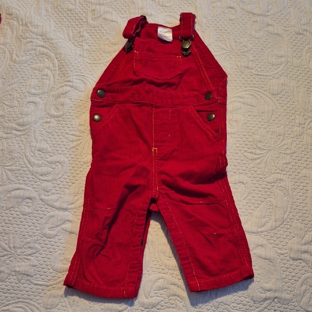Hanna Andersson 70 or 6-12 months yellow stitching red corduroy overalls VVGUC